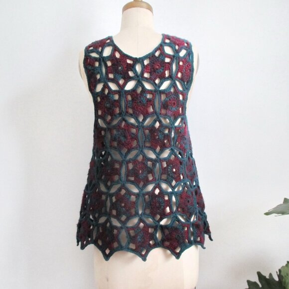 Vintage Crochet Vest Teal and Burgundy - Picture 3 of 6